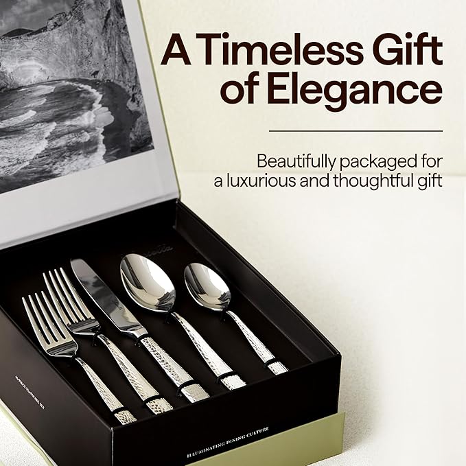 Luciella Ponza Flatware Set for 12, 65-Piece Stainless Steel Silverware Set with Serving Utensils, Timeless Hammered Design, Rust-Resistant, Mirror Polished & Dishwasher Safe