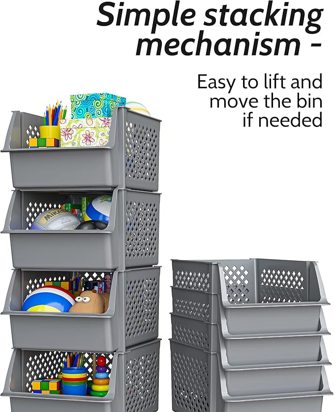 Skywin TidyFriend Stackable Storage Bins for Pantry, 4 Pack Stackable Bins For Organizing Food, Kitchen, and Bathroom Essentials (Grey)