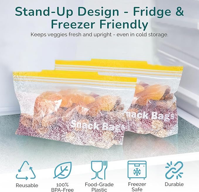 J&&J Fresh Storage Snack Bags, 50 Pack — Reusable Snack Bags, BPA-Free, Leakproof — Expandable Bottom, Microwave-Safe, Strong Zipper Lock Seal — Snack Bag for Freezer & Fridge — Durable & Washable