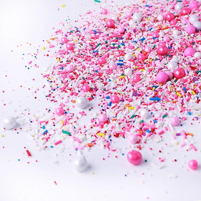 Sprinkle Pop A Frosted Affair Sprinkles Mix| Pink White Sprinkles with Rainbow Pops| Decorating Sprinkles Made in USA for Girl Baby shower Gender Reveal Birthday Cake Cupcakes Donuts Cookies, 2oz