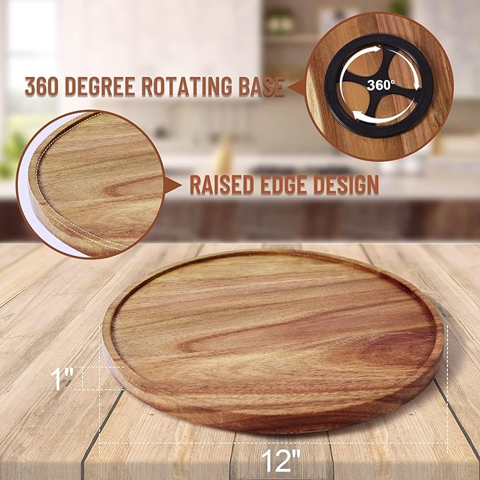 [ 2 Pack ] 12-inch Acacia Wood Lazy Susan Organizers, ACIAZAAZ Lazy Susan Turntable for Cabinet, Kitchen Turntable Storage for Table, Countertop, Pantry