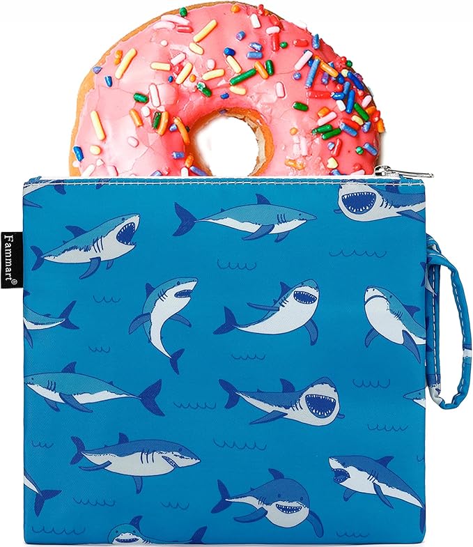 Reusable Sandwich Bag/Snack Bag for Kids & Adults, Dual Layer Lunch Bag with Handle, Cosmetic Bag Makeup Travel Bag for Women Girls, Washable, Food Safe, BPA Free (1-Pack, Shark)