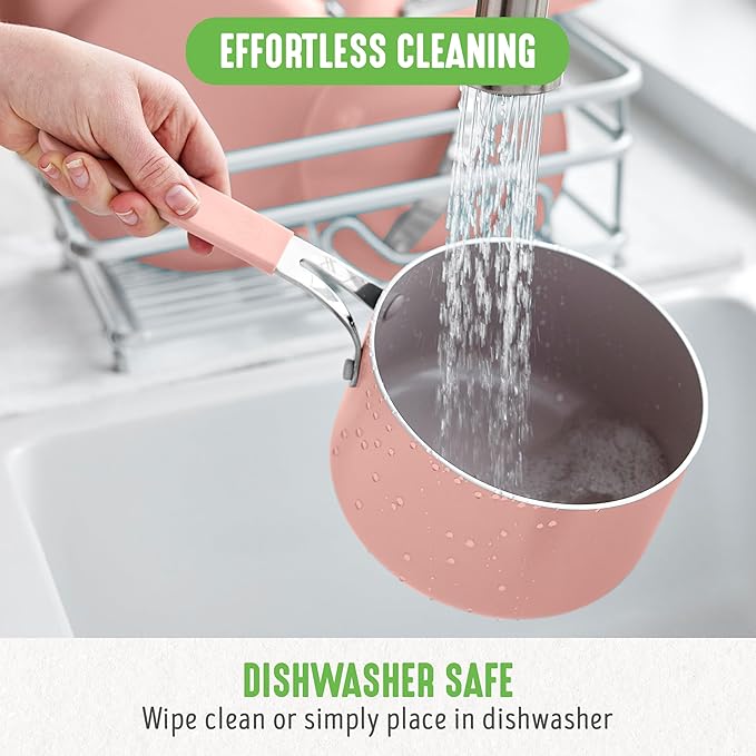 GreenLife 2 Quart Nonstick Saucepan with Lid, Lightweight Healthy PFAS-Free Milk Pan, Dishwasher & Oven Safe Soup Pan, Durable Body, Silicone Stay-Cool Handle, Easy Release Chef’s Pan, Pink