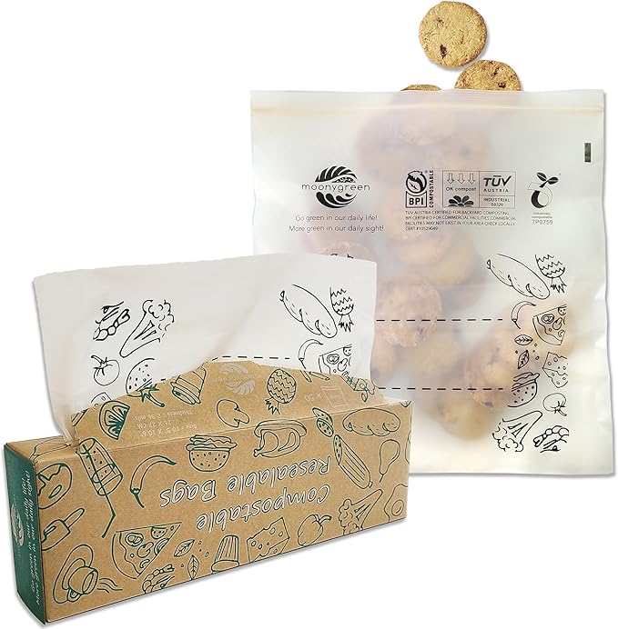 Compostable Food Storage Bags, Large Gallon Resealable Freezer Bags, 50 Count, 10.5 x 10.6 inches, Extra Thick, Certified US BPI ASTM D6400 Europe OK Compost