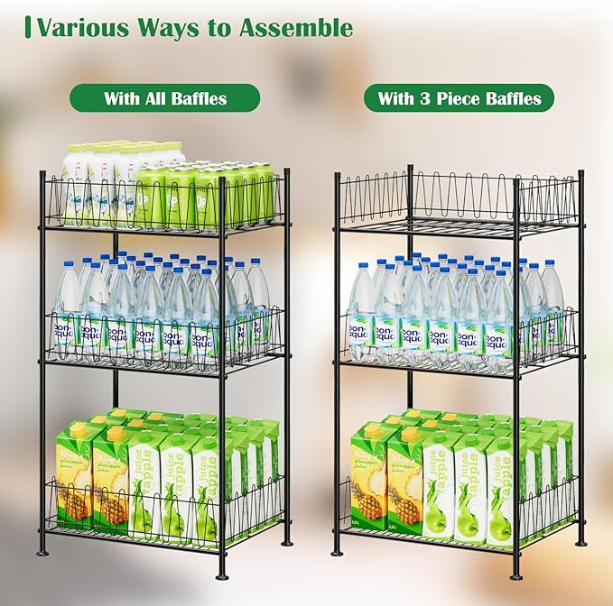 Water Bottle Organizer 3 Tier Freestanding Water Bottle Holder Storage Rack Metal Drink Beverage Soda Can Organizer Shelf Stand for Floor Pantry Kitchen Classroom Food Storage, Black