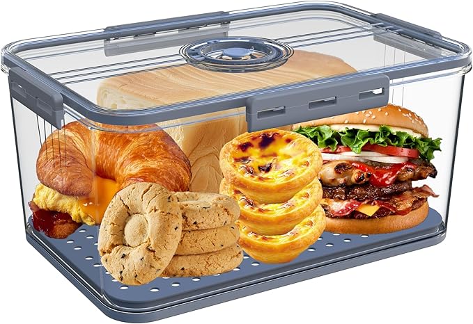 Bread Box Bread Boxs with Lid for Kitchen Counter, 10L Airtight Loaf Bread Storage Container，Time Recording Bread Keeper for Homemade Bread, Toast, Bagel, Donut and Cookies (Grey)