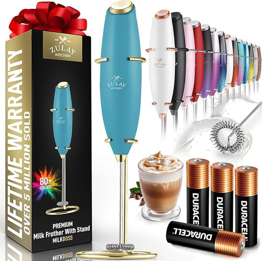 Zulay Kitchen Powerful Milk Frother Wand With 4 AA Duracell Batteries - Ultra Fast Handheld Drink Mixer - Electric Whisk Foam Maker for Coffee, Lattes, Cappuccino, Matcha & Creamer -