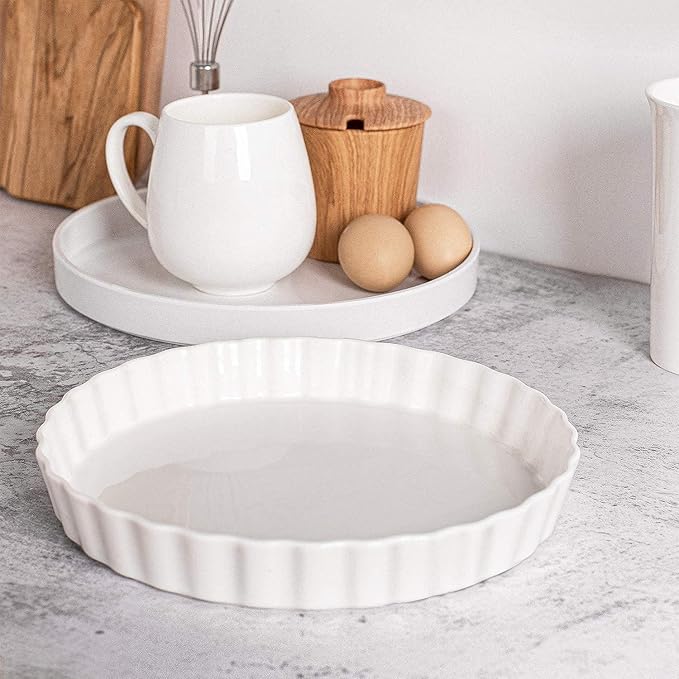 DELLING Set of 2 Tart Pans, 9.5 inch Quiche Pan, Ceramic Fluted Quiche Baking Dish/Pie Pan, Perfect for Baking Tart Pies and Chicken Pot Pie, Cheesecake, Creme Brulee, Round, White