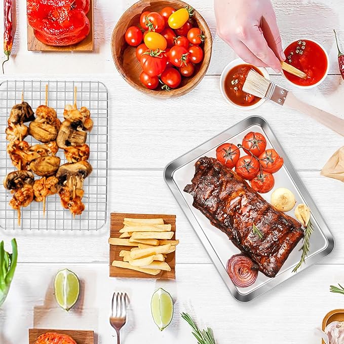 E-far Stainless Steel Baking Sheet with Wire Rack Set, 10.5” x 8.3” Cookie Sheet Baking Pan for Toaster Oven, Small Metal Tray with Cooling Rack for Cooking Roasting, Non-Toxic & Dishwasher Safe