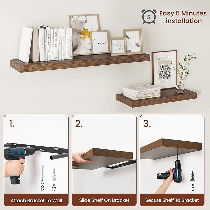Wide Floating Shelves for Wall 12 Inch Deep, 55" X 12" X 2" Floating Shelf, 2 Inch Thick Shelf for Bathroom Bedroom Kitchen Book Room, Heavy Duty 85lbs Shelves for Farmhouse Decor Set of 2, Walnut