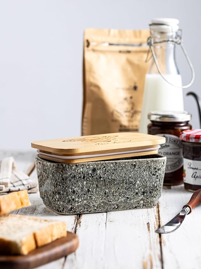 Ceramic Butter Dish with Lid, Covered Butter Dish for Countertop and Refrigerator, Large Butter Keeper Holder with Airtight Seal, HoneyBee Kitchen Decor, Gray