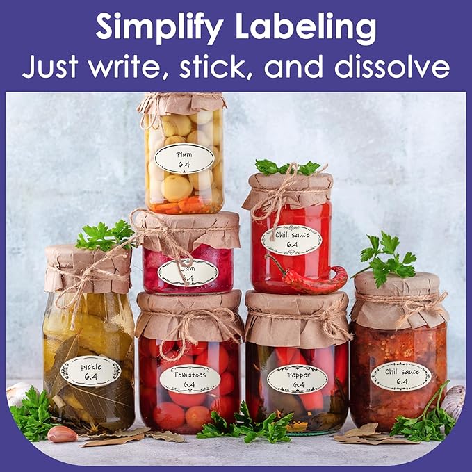 400 Dissolvable Canning Labels for Mason Jars, Small Pantry Labels 1 x 2⅛ inch, Water-Soluble Stickers-8 Designs