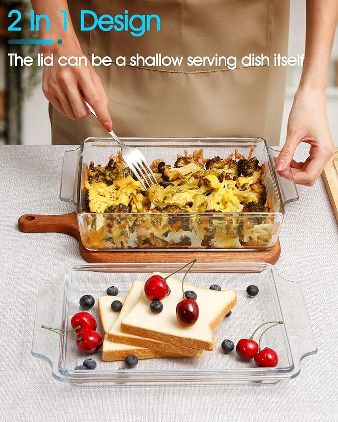 NUTRIUPS 8 x 9.5 Inches Rectangular Glass Casserole Dish With Glass Lid 2 Quart Glass Bakeware Glass Microwave Casserole Dish Glass Baking Dish with Lid