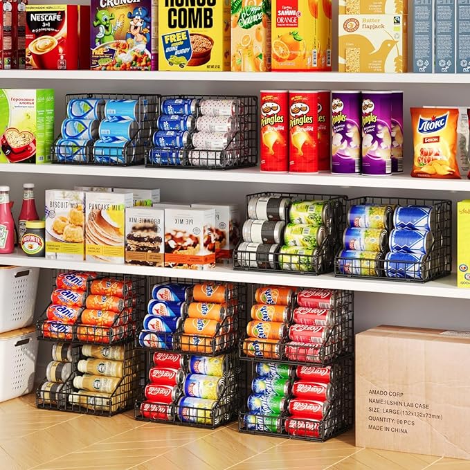4 Pack Stackable Can Organizer for Pantry with Adjustable Dividers, Soda Can Organizer, Can Storage Dispenser Holds up to 56 Cans, Metal Wire Baskets Can Holder for Kitchen Cabinet Pantry