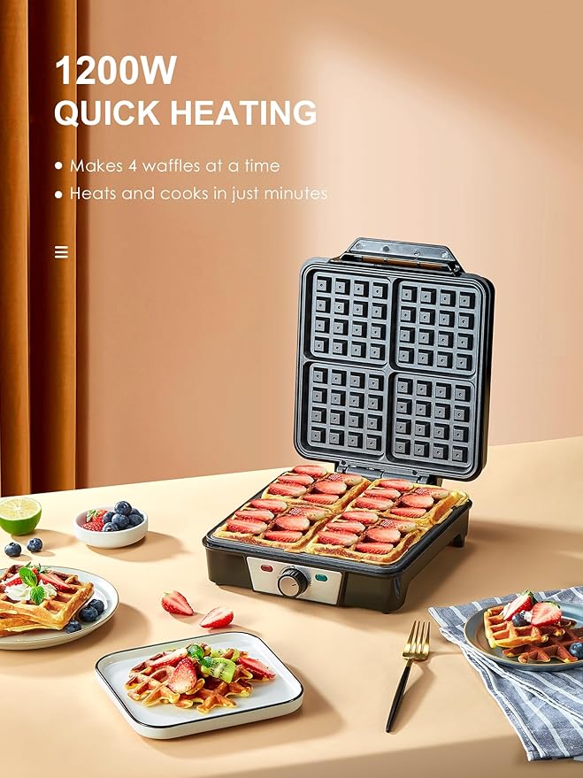 Belgian Waffle Maker 4 Slices, 1200W Waffle Iron, Anti-Overflow Waffle Iron with Browning Knob, Nonstick Plates, Indicator Lights, Silver/Black