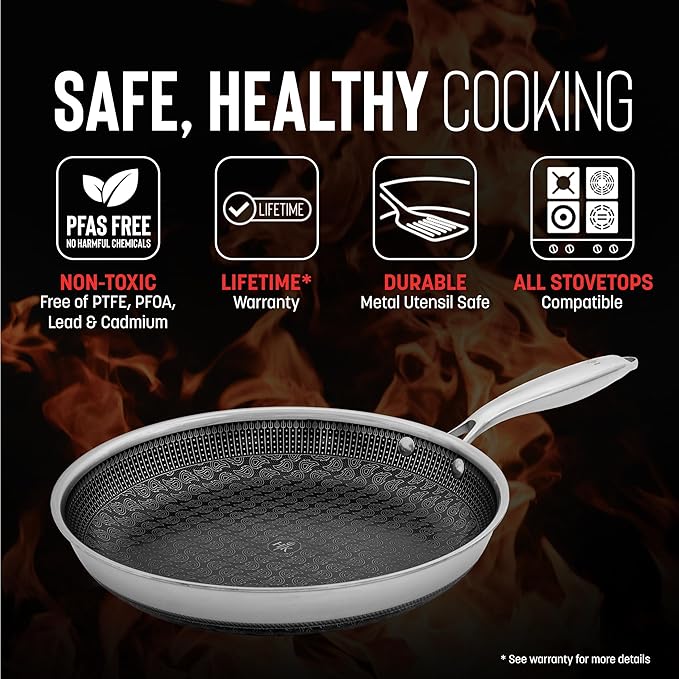 Hell's Kitchen Hybrid 11" Frying Pan, Tri-Clad Stainless Steel and Nonstick Ceramic PFAS Free, no PFOA, no PTFE, no Teflon, Non Toxic Cookware, Metal Utensil Safe, All Cooktops, Oven Safe