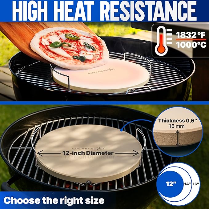KitchenStar 12-inch Pizza Stone for Oven and BBQ Grill with Handles, Round, 5/8" Thick - Natural Cordierite, 1800 °F Resistant, Baking Stone Set with Stainless Steel Rack & Plastic Scraper Tool