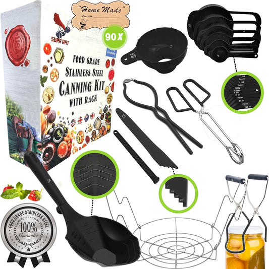 Supa Ant Black Canning Supplies Starter Kit-10 pc Canner Accessories with Canning Rack for Jars, XL Ladle, Wide Mouth Jar Funnel, Jar Lifter & Wrench, Bubble Popper/Measurer, Lid Lifter,Kitchen Tongs