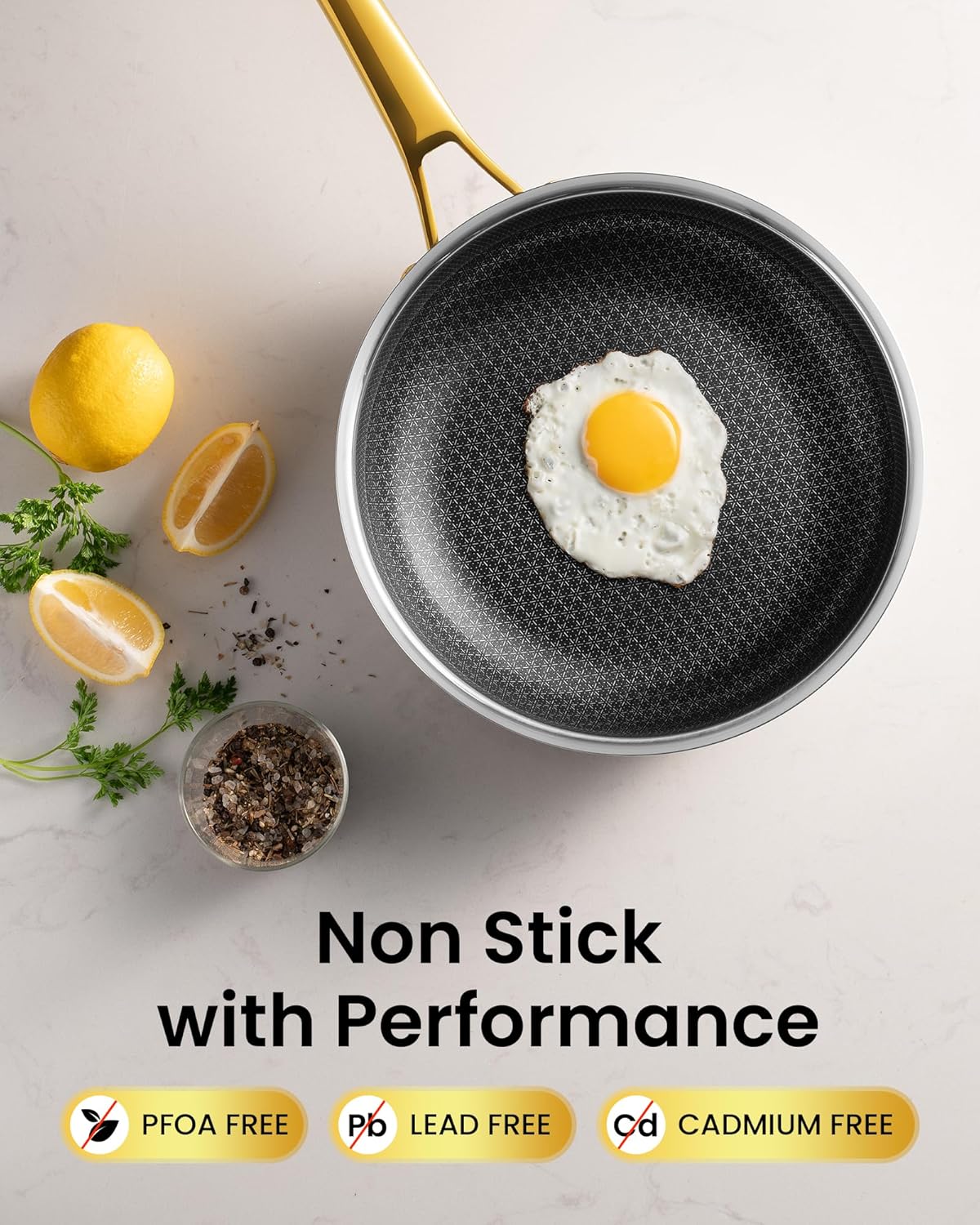 Gold Pots and Pans Set, Hybrid Hammered Stainless Steel, 10PC Nonstick Kitchen Cookware Sets w/Frying pan, Non Toxic, Oven Safe & Compatible with All Stovetops