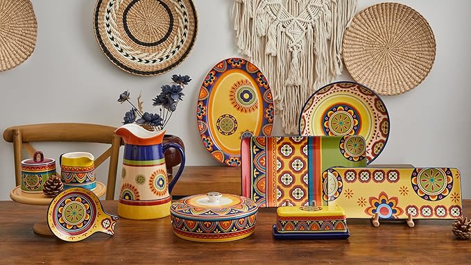 Bico Tunisian Ceramic Sugar and Creamer Set, Sugar Bowl with Lid, Cute Container for Coffee Bar, Kitchen Countertop Accessories, Microwave and Dishwasher Safe