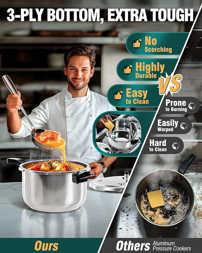 WantJoin Stainless Steel Pressure Cooker(Non-Aluminum),10 Quart Induction Compatible Pressure Cooker with Spring Valve Safeguard Devices,Compatible with Gas & Induction Cooker