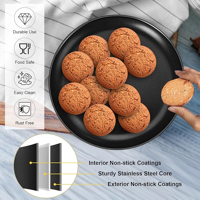 P&P CHEF 10 Inch Pizza Pan, 3 Pieces Stainless Steel Round Pizza Tray Dish Plate For Oven Baking Roasting, Healthy & Heavy Duty, Rust Free & Dishwasher Safe -Black