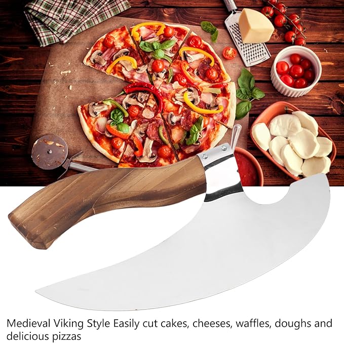 Handmade Viking Steel Pizza Axe, Camping Knives Tools Pizza Cutter with Pine Wood Handle, Handmade Stainless Steel Authentic Medieval Pizza Cutter for Home Restaurant Bar