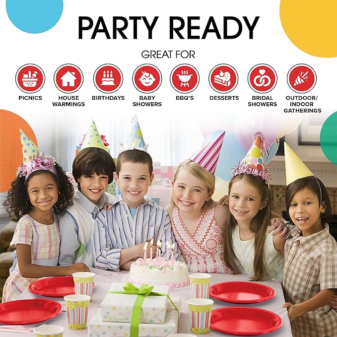 Exquisite Party Solids Red Plastic Plates For Party 7" Red Disposable Plates Heavy Duty Supplies 100 Pcs Plastic Dinnerware Sets Heavy Duty 350 GSM Disposable Dinnerware Set