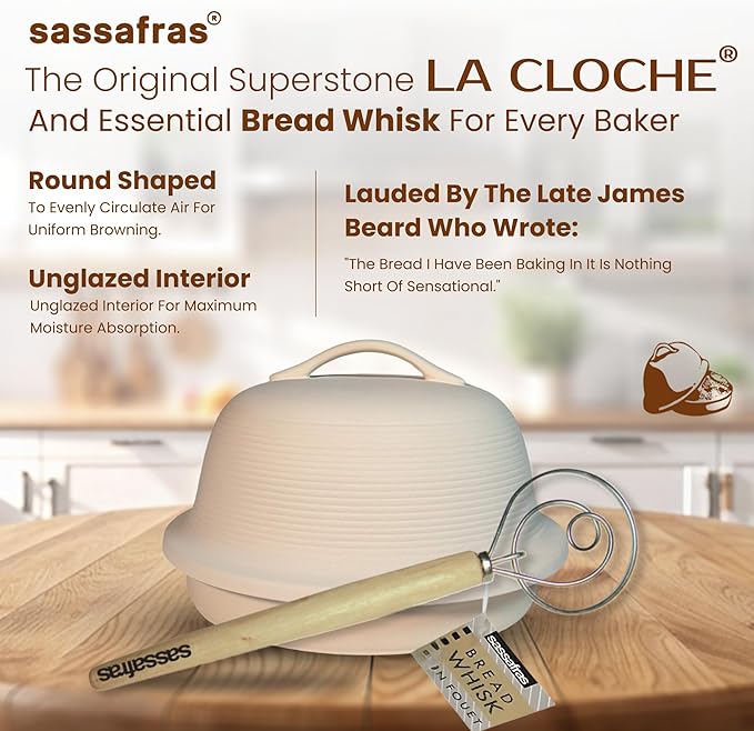 Sassafras Superstone Stoneware La Cloche Bread Baker, Unglazed, Baking Stone for Bread, Capacity 5QT 12”D x7”H with handle, Withstands Temperature 500-2100 Fahrenheit (Bisque + Bread Whisk)
