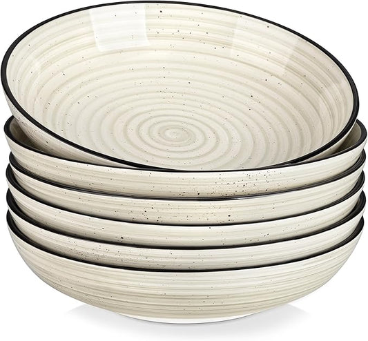 vancasso Bonbon Large Pasta Bowls Set of 6, 50 Oz Ceramic Salad Bowls, Wide and Shallow Bowls Set, Large Serving Bowls for Kitchen, Beige