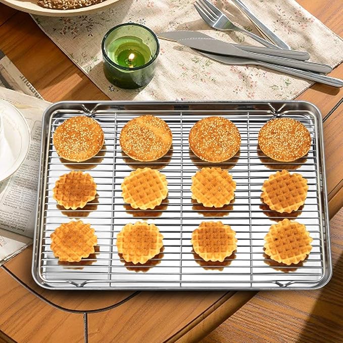 Wildone Baking Sheet & Rack Set [2 Sheets + 2 Racks], Stainless Steel Cookie Pan with Cooling Rack, Size 17.3 x 12.2 x 1 Inch, Non Toxic & Heavy Duty & Easy Clean