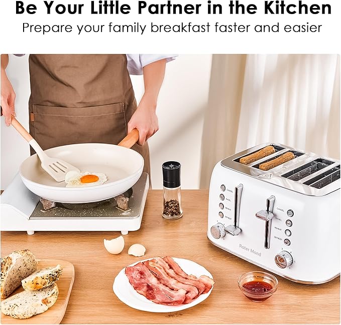 Toaster 4 Slice Retro Stainless Steel with Extra Wide Slots Bagel, Defrost, Reheat Function, Dual Independent Control Panel, Removable Crumb Tray, 6 Browning Levels, White