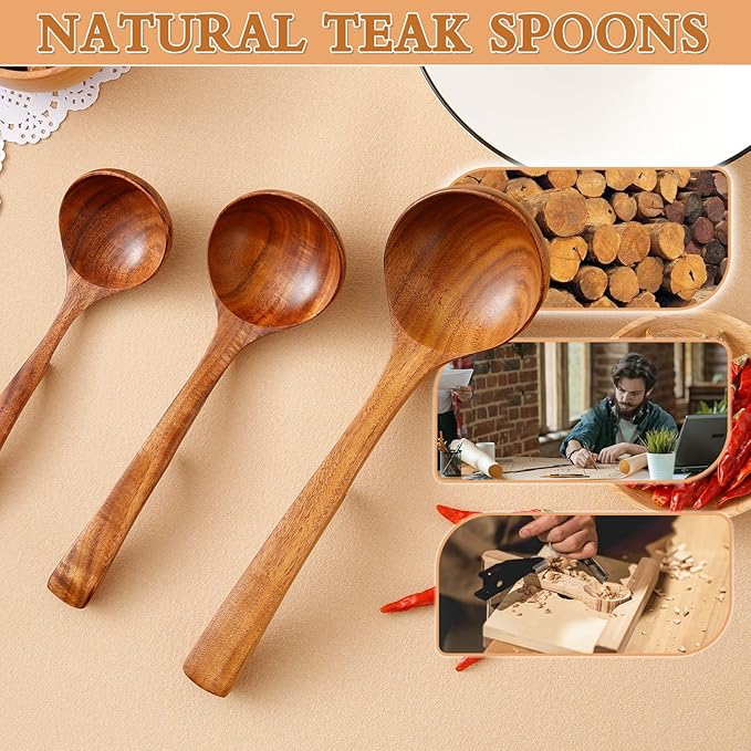 Wooden Ladles Soup Set, 3 Size Wooden Spoons For Cooking, Non-Stick Wooden Spoon, Natural Teak Wood Cooking Spoons, Kitchen Utensils set