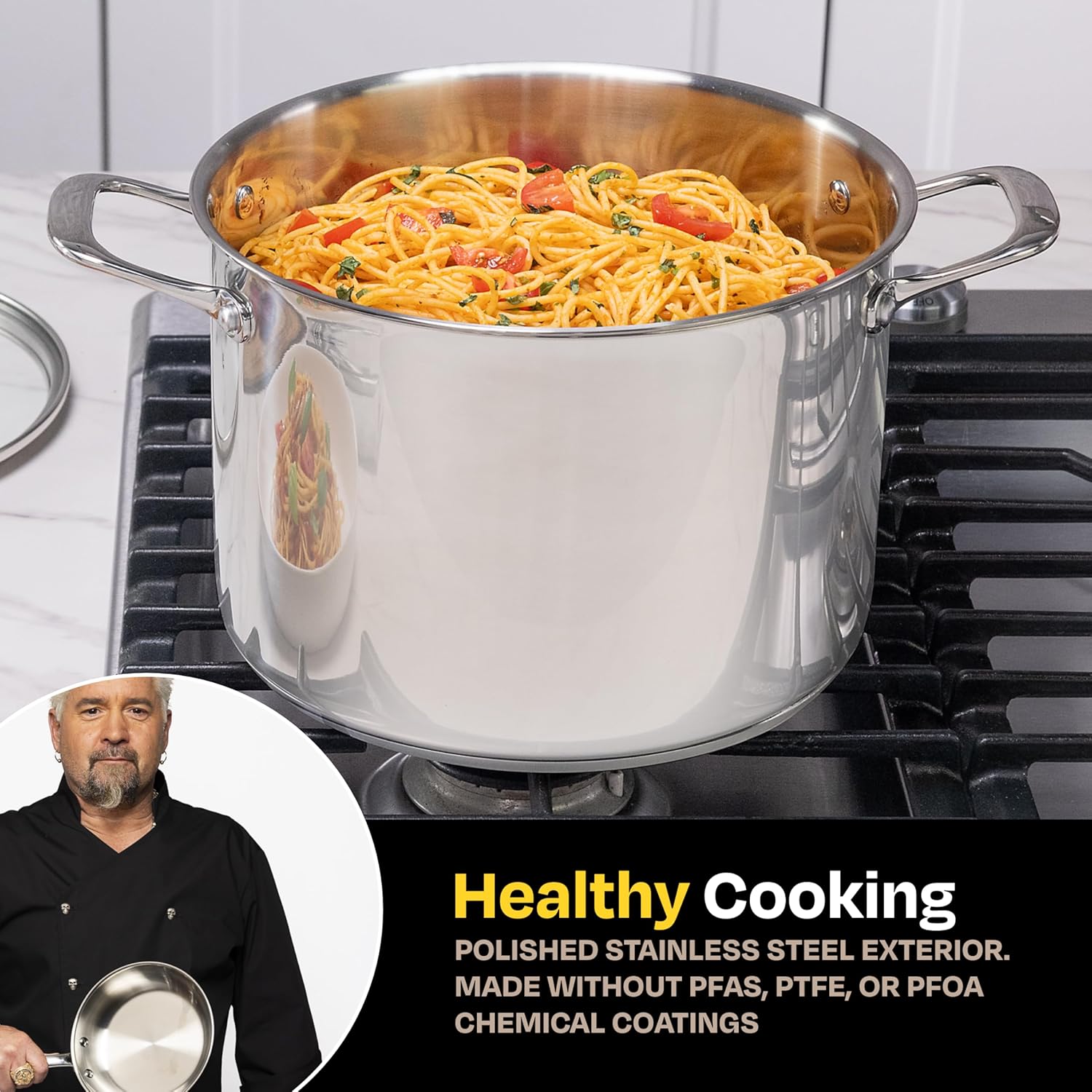 Guy Fieri's Flavortown 8-Quart Stainless Steel Stock Pot with Tempered Glass Lid - Kitchen Cookware with Tri-Ply Base, Oven & Dishwasher Safe, Compatible with Induction, Gas & Electric Stovetops