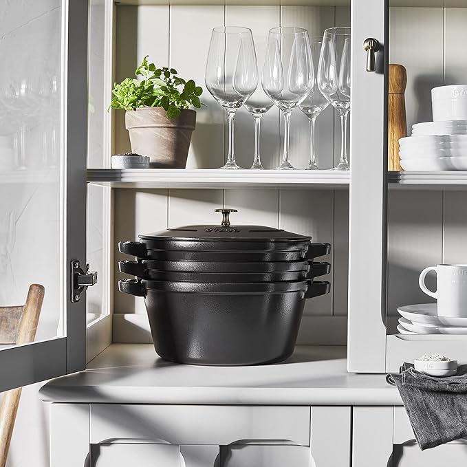 STAUB Cast Iron Set 4-pc, Stackable Space-Saving Cookware Set, Dutch Oven, Skillet, Grill Pan with Universal Lid, Made in France, Matte Black
