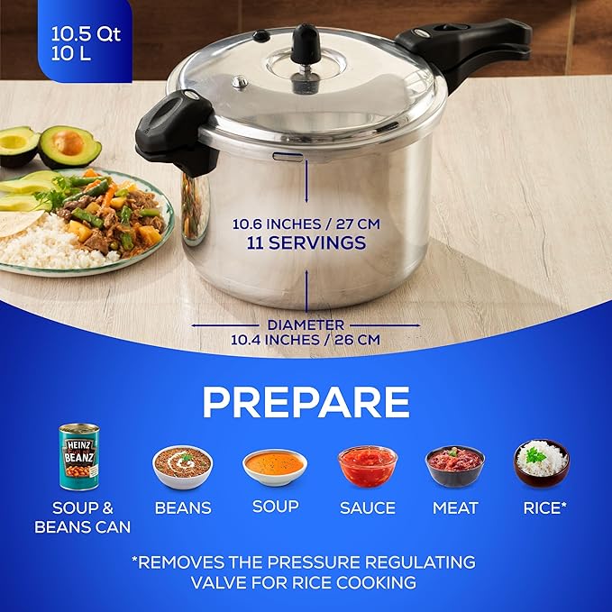 Universal (10.5 Quart / 10 Liter) Anti-Rust Ultra Pressure Cooker, Aluminum Construction for 11 Servings, and Even Heat Distribution, Diameter 10.4 inches, Height 10.6 inches