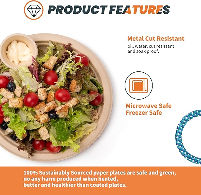 100% Compostable Plates - 125-Count Heavy Duty, Biodegradable Bagasse Plates - Eco Friendly and Sustainable (Natural, 10 inch)