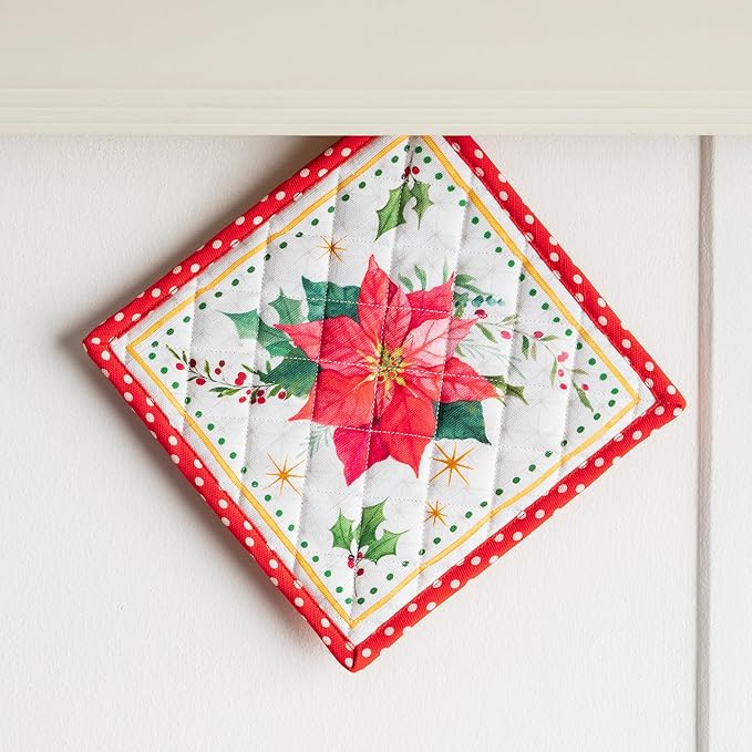 Maison d' Hermine Pot Holders 100% Cotton Heat Resistant Potholders 8" x 8" Hot Pads with Loop BBQ, Cooking, Baking, Grilling, Kitchen, Handling Hot Pans (Pack of 1, Poinsettia Christmas)