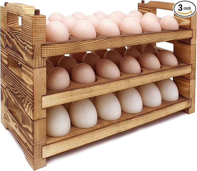 CVHOMEDECO. Wooden Egg Holder Countertop Fresh Egg Holders Firewood Egg Collecting Rack for Gathering Fresh eggs, Stackable with 54 eggs, Home Kitchen Organizer, Set of 3 PCS