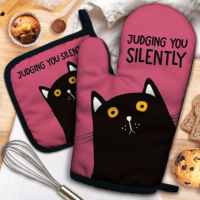 ZHANTUONE Judging You Silently Funny Heat Resistant Oven Mitts and Pot Holders Set with Silicone Non-Slip, Cute Cat Cooking Baking Gadgets, Gifts for Mom Aunt Sister BFF Cat Lover