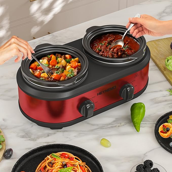 Double Slow Cooker, 2 X 1.25QT Slow Cooker with 3 Cooking Settings, Buffet Servers and Warmers with Dishwasher-Safe Ceramic Pot, Glass Lid, Red