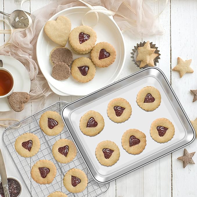 Baking Sheet with Cooling Rack Set [2 Sheets + 2 Racks], Deedro Stainless Steel Cookie Sheet Baking Pan Half Sheets Oven Tray with Rack, 10 x 8 x 1 Inch, Heavy Duty, Non-toxic, Dishwasher Safe