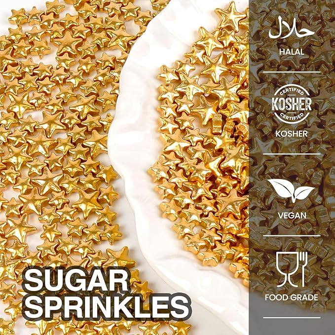 Gold Star Sprinkles for Cake Decorating, Edible Star Sugar Candy, Mix Size, Baking For Cupcakes, Decorating, Cookies, Donuts, Wedding Party, Holiday, 150g/5.29oz