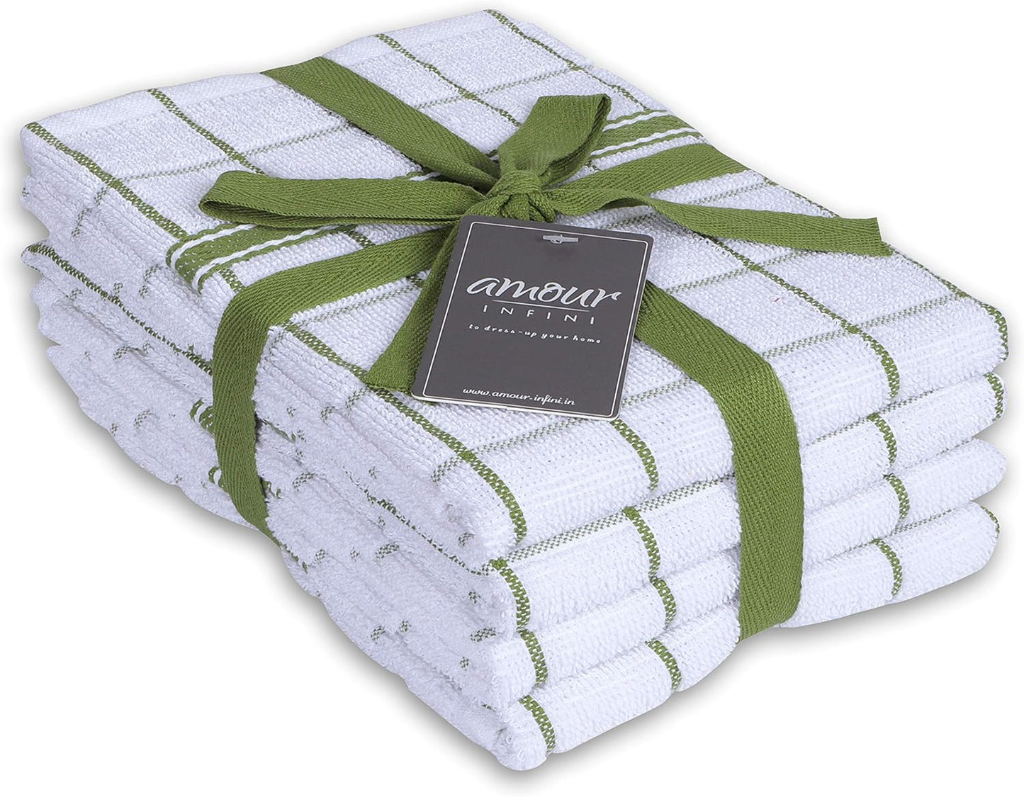 AMOUR INFINI Terry Cotton Kitchen Towels 4-Pack - Large 18 x 28 Inch, Absorbent & Soft Dish Towel with Hanging Loop, Washable Ideal for Cleaning, Drying (Green)