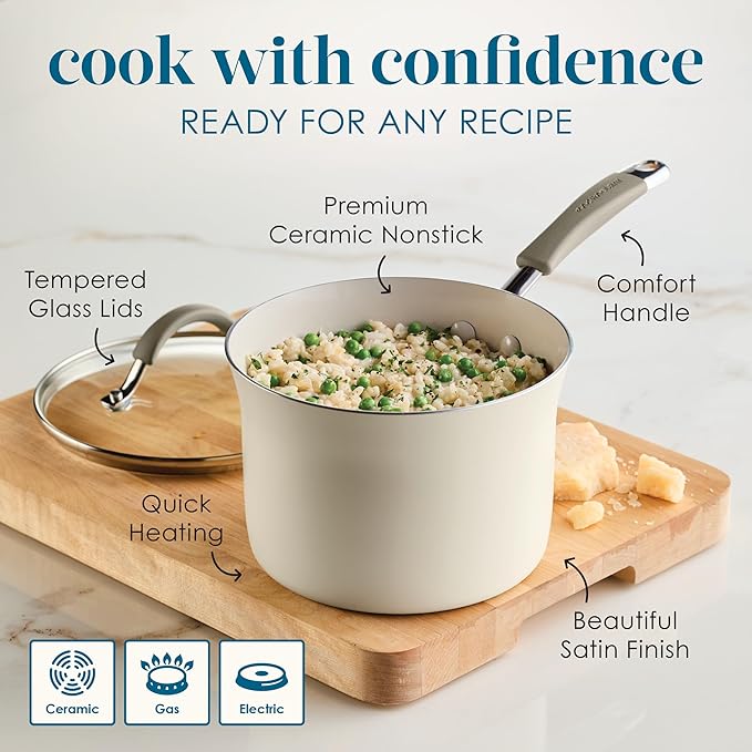 Rachael Ray Cucina Ceramic Cookware Set - 13 Pieces - Ceramic Pots and Pans Set w/Nonstick Frying Pans, Saute Pan, Saucepans, Stockpot, Lids, Pan Protectors & Cooking Utensils - Almond