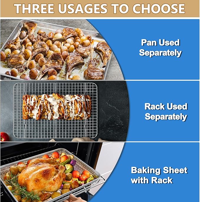 P&P CHEF 17.5 + 16 + 10.4 Inch Baking Sheet and Rack Set, Stainless Steel Cookie Sheets Oven Baking Pans Trays with Cooling Racks for Cooking & Roasting, Oven & Dishwasher Safe, (6Pcs)