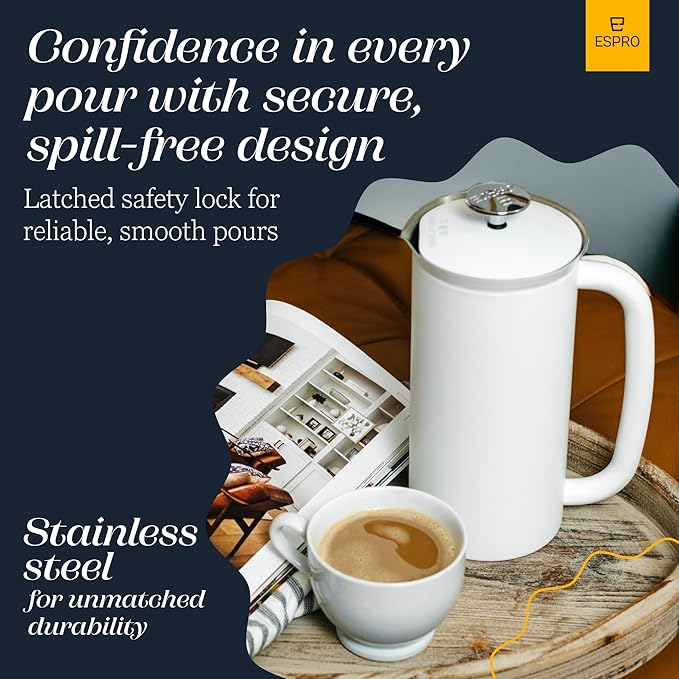 ESPRO P7 French Press Coffee Maker - Double-Walled Stainless Steel Insulated with Micro-Filter, 18 Ounces, Matte White