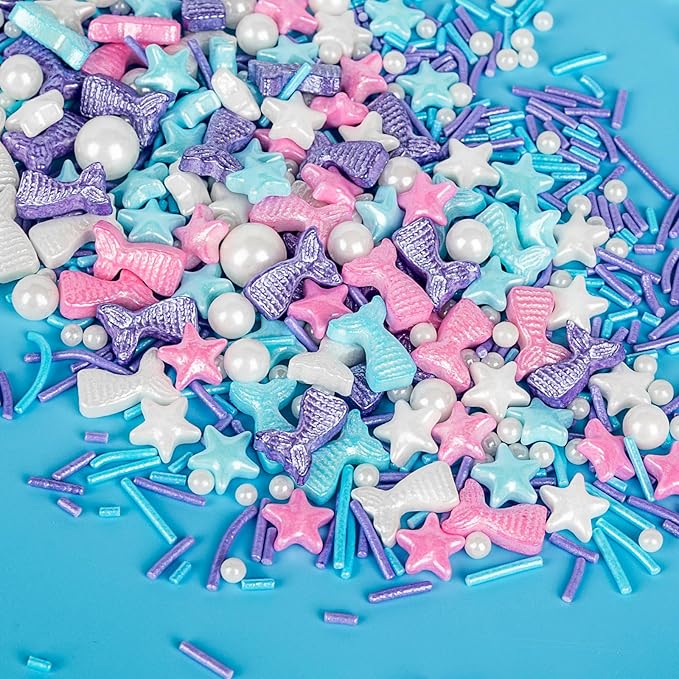 Mermaid Sprinkles,Edible Sugar Pearl Stars Jimmies Mix,130g/4.58oz,Pearl Candy Ocean Sprinkle for Cake Decorating,Summer Baking Fun Decorations,Perfect for Ice Cream,Cookies,Dessert,Donuts,Cupcake Topper,Birthday Children Party Supplies