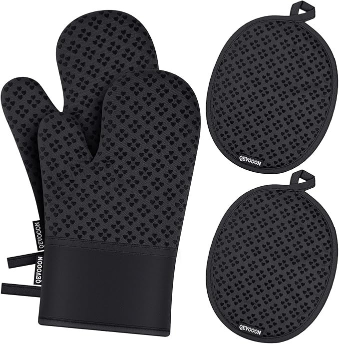 Oven Mitts and Pot Holders 4 Sets, Heat Resistant 500 ℉ Oven Mitt and Pot Holder,Oven Glove&Potholders with Non-Slip Silicone Surface,Kitchen Essentials for Cooking/Baking/BBQ-Black
