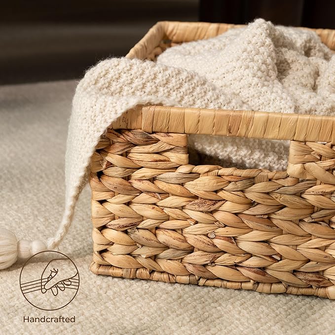 StorageWorks Wicker Storage Baskets, Handwoven Water Hyacinth Basket for Organizing, Decorative Organizers with Built-in Handles, Set of 2